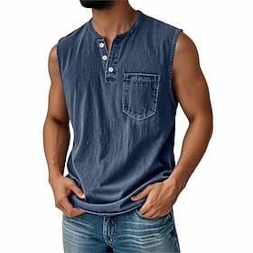 SoftFade™ Men's Vintage Vest Top 100% Cotton Acid Wash Undershirt Sleeveless Henley Shirt Summer Fall Plain Classic Vacation Street Black Top Tee for Men