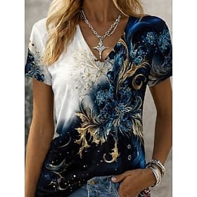 Women's T Shirt Print Graphic Plants Color Gradient Vintage Stylish Classic Short Sleeve V Neck Regular Tops Daily Blue Black and White White-Blue Summer Sprin