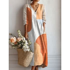 Femmes Robe Midi Robe d'Été Robe trapèze Vacances Occasionnel Boho Fête Coupe Ample Graphique Bloc de Couleur Abstrait manche longue Col en V Bleu Violet Orang