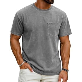 Hombre Camiseta Camisa 100% algodón con lavado ácido Manga Corta Cuello Barco Verano Primavera Todas las Temporadas Color sólido Elegante Vintage Neutral Bolsi