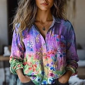 Women's Shirt Boho Shirt Buttons Print Floral Graphic Vintage Stylish Ethnic Long Sleeve Shirt Collar Long Tops Daily Holiday Going out Blue Light Purple Summe