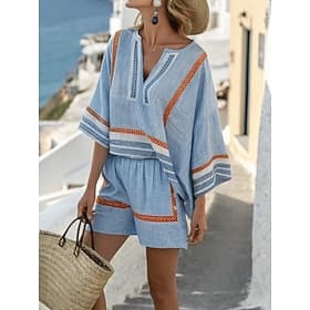 Women's Linen-feel Set Shorts Sets 3/4 Length Sleeve V Neck Striped Elegant Fashion Streetwear Casual Daily Outdoor Blue Khaki Navy Blue Spring Summer Regular