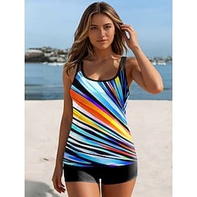 Mujer Bañadores Tankini 2 piezas Alta cintura Traje de baño Espalda al Aire Vacaciones Ropa de playa Graphic Geométrico Escote en U Sin Mangas Trajes de baño
