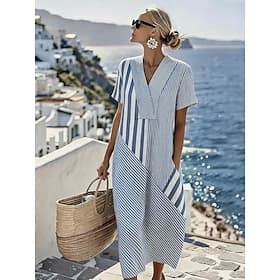 Women's Midi Dress Sundress Casual Dress Vacation Casual Beach Beach Party Loose Fit Graphic Geometric Short Sleeve V Neck Blue Black Purple Green Summer Sprin