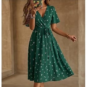 Women's Midi Dress Chiffon Dress Cocktail Dress Floral Dress Fashion Modern Vacation Holiday Tea Party Regular Fit Flower Short Sleeve V Neck Light Green Royal