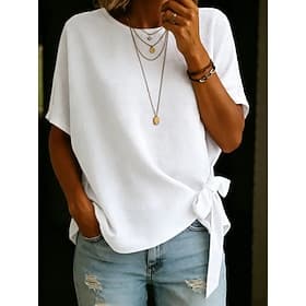 Women's Blouse Bow Solid Color Daily Stylish Basic Short Sleeve Crew Neck Regular Tops Daily Blue Black White Pink Brown Summer Spring