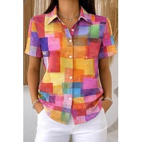 Women's Shirt Short Sleeve Graphic Geometric Plaid Vintage Tropical Stylish Shirt Collar Regular Tops Daily Yellow Pink Orange Summer Spring