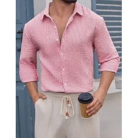 Men's Shirt Casual Shirt Seersucker Shirt Blue White Pink Gray Light Blue Long Sleeve Striped Shirt Collar Casual Daily Buttons Clothing Apparel Elegant Fashio
