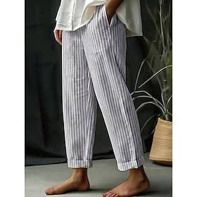 Femmes Pantalon en coton et lin Pantalon d'été Pantalons de Plage Classique Occasionnel Long Taille haute Rayure Avec Poches Impression Conception à cordon éla