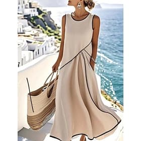 Femmes Robe maxi Robe d'Été Robe de Plage Robe Décontractée Élégant Mode Moderne Extérieur Vacances Sortir Coupe Ample Uni Sans manches Col ras du cou Kaki Été