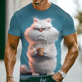 Men's Animal Cat Funny T Shirt Short Sleeve T shirt 3D Print Crew Neck Shirt Exaggerated Designer Party Holiday Blue Lake Blue Red Summer Spring Clothing Appar