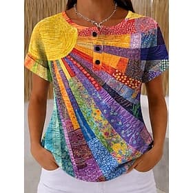 Women's Waffle Textured Knit Tops T Shirt Color Block Graphic Tribal Abstract Stylish Classic Short Sleeve Henley Regular Tops Daily Sports Blue Ash Orange Bei
