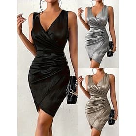 Women's Knee Length Dress Party Dress Casual Dress Bodycon Elegant Fashion Modern Outdoor Evening Party Party Regular Fit Plain Sleeveless V Neck Black Gold Gr