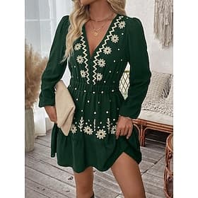 Women's Mini Dress Boho Dress Casual Dress Elegant Fashion Modern Outdoor Vacation Going out Regular Fit Floral Long Sleeve V Neck Black Wine Red Green Summer