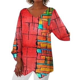 Women's Shirt Boho Shirt Blouse Patchwork Graphic Abstract Fashion Stylish Classic Long Sleeve V Neck Regular Tops Daily Holiday Going out Black White Pink Red