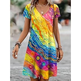 Femmes Mini Robe Robe T-Shirt Robe trapèze Occasionnel Quotidien Coupe régulière Graphique Géométrique Abstrait Manche Courte Col en V Bleu Jaune Violet Orange