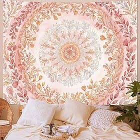 Watercolor Pastel Pink Floral Mandala Wall Tapestry Aesthetic Peach Flower Wreath Wall Hanging Boho Romantic Bedroom Decor Girls Dorm Room Backdrop