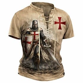 Men's Crusaders Knights Templar Crusader Medieval Retro T-Shirt All Over Print Lace-up V Neck Cross Short Sleeve Top Casual Streetwear Designer Clothing Appare