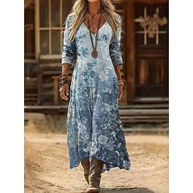 Women's Maxi long Dress Boho Dress Vintage Dress Casual Dress A Line Dress Vintage Daily Outdoor Vacation Loose Fit Floral Long Sleeve V Neck Blue Wine Purple