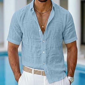 Men's Shirt Linen Shirt Casual Shirt Button Up Shirt Cotton Shirt Plain Casual Beach Blue Black White Pink Short Sleeve Turndown Summer Clothing Apparel Plain
