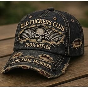 Funny Retro Old Man Club Embroidered Casual Hat, Vintage Distressed Skull Wings Dad Baseball Cap Adjustable Funny Graphic Hat for Men Outdoor Streetwear