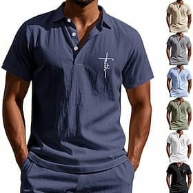 Herren Leinenhemd Poloshirts Lässig Straße Revers Kurzarm Basic Modern Kreuz Knöpfe Sommer Frühling Normale Passform Schwarz Weiß Marineblau Khaki Armeegrün Gr