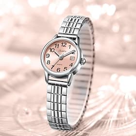 Women's Watch with Steel Elastic Band, Easy to Read Ladies Quartz Watches with Pink Dial and Date Display, Stainless Steel Stretch Bracelet Wrist Watch for Wom