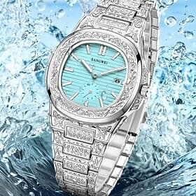 Men's Watch Luxury Engraved Quartz Wristwatch, Turquoise Blue Dial with Date, Waterproof Carved Stainless Steel Band Fashion Jewelry Watch for Men, Hip Hop Sty