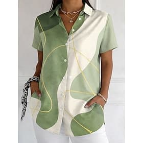 Women's Shirt Buttons Print Graphic Geometric Vintage Stylish Modern Short Sleeve Shirt Collar Long Tops Daily Blue Pink Purple Green Summer Spring