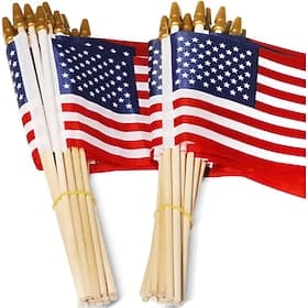 Patriotic American Mini Flags – 20/50pcs 4x6in Wooden US Flags with Premium Wood Poles and Safe Gold Spear Tops – 4th of July, Independence Day, 250th Annivers