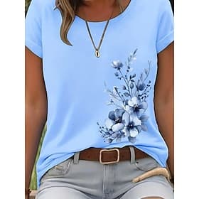 Women's T Shirt Color Block Print Floral Graphic Vintage Stylish Classic Short Sleeve Crew Neck Regular Tops Daily Weekend Blue Black Yellow Pink Red Summer Sp