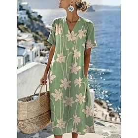 Women's Midi Dress Sundress Casual Dress Vacation Casual Beach Beach Party Loose Fit Floral Graphic Short Sleeve V Neck Light Pink Pink Purple Green Summer Spr
