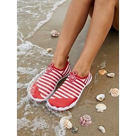 Women's Red Striped Quick-Dry Water Shoes – Lightweight Breathable Aqua Shoes with Anti-Slip Sole, Flexible Barefoot Beach Shoes for Swimming, Surfing, River T