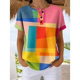 Women's Waffle T Shirt Color Block Print Graphic Geometric Vintage Stylish Classic Short Sleeve Crew Neck Regular Tops Daily Blue Red Purple Orange Summer Spri
