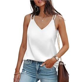 Women's Tank Top Sleeveless Shirt Tee Top Solid Color Stylish Classic Casual Sleeveless V Neck Regular Tops Daily Going out Weekend Champagne Gold Black White