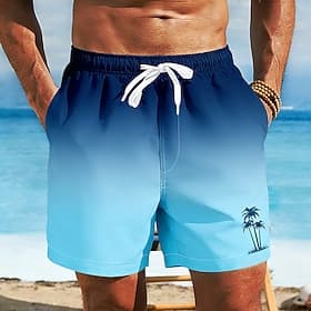 Men's Coconut Tree Gradient Color Swim Trunks Bathing Suits Swim Shorts Board Shorts Mid Waist Hawaiian Beach Vacation Wear Side Pockets Mesh Lining Elastic Dr
