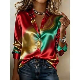 Women's Shirt Satin Shirt Print Ombre Graphic Bohemia Vintage Stylish Long Sleeve Shirt Collar Regular Tops Daily Party Holiday Blue Red Purple Green Summer Sp