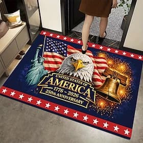 U.S. 250th Anniversary front door mat, Featuring Bald Eagle, Flag Liberty Bell, Celebrating 1776-2026, Patriotic Entryway Decor