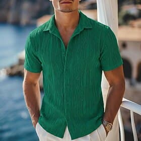 Homme Chemise Chemise d'été Chemise Décontractée Chemise Boutonnée Chemise jacquard Bleu Noir Blanche Vert Manche Courte Lignes / Vagues Texturé Col Occasionne