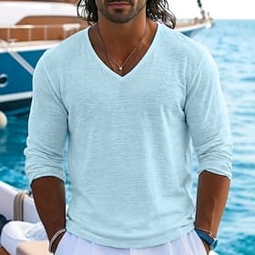 Homme T-shirt T-shirt en lin manche longue Col en V Été Printemps Printemps Été Couleur Unie Uni Texturé Quotidien Occasionnel street style Pur Occasionnel Ex