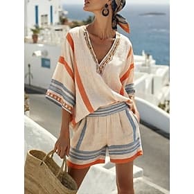 Women's Shorts Sets 3/4 Length Sleeve V Neck Striped Vacation Daily Casual Daily Outdoor Purple Khaki Beige Summer Loose Fit