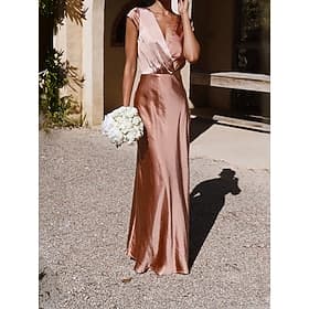 Women's Maxi Dress Satin Dress Party Dress Cocktail Dress Elegant Fashion Modern Evening Party Party Wedding Regular Fit Plain Short Sleeve V Neck Aqua Blue Bl