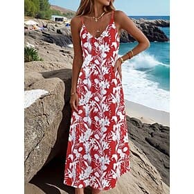 Women's Midi Dress Sundress A Line Dress Slip Dress Vacation Casual Boho Beach Regular Fit Floral Graphic Sleeveless V Neck Blue Apple Green Black Pink Summer
