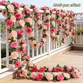 Zweiteilige, 196,8 Zoll lange, künstliche, doppelt rosafarbene Frühlingsrosen-Girlanden – ideal für Rankenbögen und Blumenarrangements zum Valentinstag, für Ho