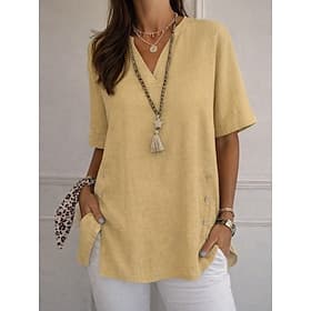 Femmes Chemises effet lin Chemisier Chemise en faux lin Boutons Couleur Unie Quotidien Élégant Basique Demi Manches Col en V Hauts Réguliers Quotidien Bleu Noi