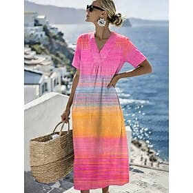 Damen Midikleid Shiftkleid Sommerkleid Urlaub Lässig Strand Täglich Ausgehen Lässiger Schnitt Ombre Grafik Kurzarm V Ausschnitt Blau Rosa Purpur Orange Sommer