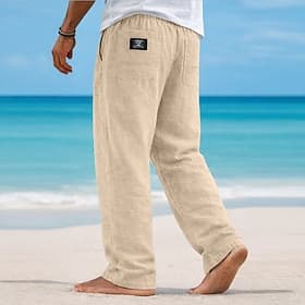 Men's Linen Pants Trousers Summer Pants Baggy Pants Beach Pants Drawstring Elastic Waist Straight Leg Solid Color Lightweight Breathable Full Length Casual Dai