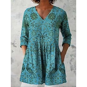Women's Blouse Print Floral Graphic Vacation Vintage Daily 3/4 Length Sleeve V Neck Regular Tops Daily Holiday Going out Blue Wine Purple Green Summer Spring F