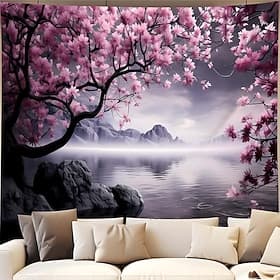 Fleurs de cerisier roses (sakura), lac serein, montagnes, paysage zen brumeux, tapisserie murale, bannière de porte, décoration intérieure, salon, chambre, fon