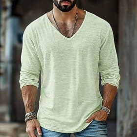 Herren T-Shirt Leinen-T-Shirt Langarm V Ausschnitt Frühling Sommer Sommer Frühling Einfarbig Einfach Texture Täglich Lässig Streetstyle Rein Lässig Outdoor St